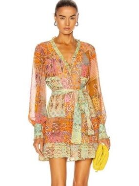 Alexis Sabrine In Sunset Paisley Chiffon Mini Dress Tie Wrap Ruffle Boho M READ